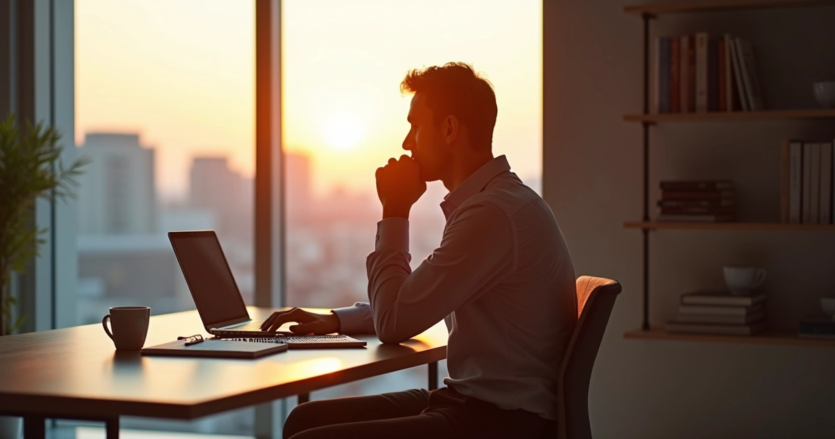 Profissional em escritório moderno olhando pela janela refletindo sobre propósito no trabalho 