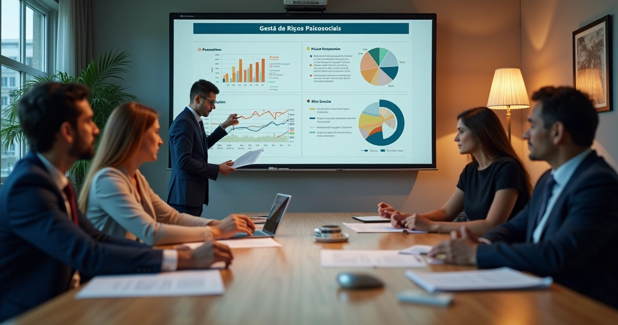 Trabalho em equipe discutindo gestão de riscos psicossociais em uma empresa 