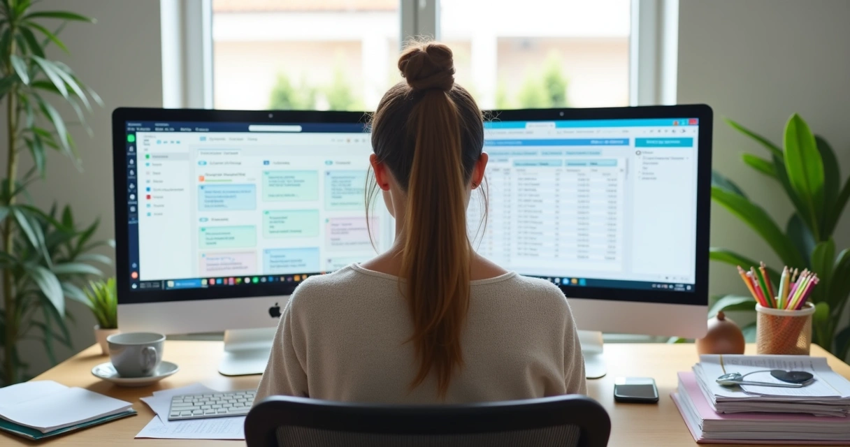 Assistente virtual trabalhando em home office, com múltiplas telas e cafe na mesa 