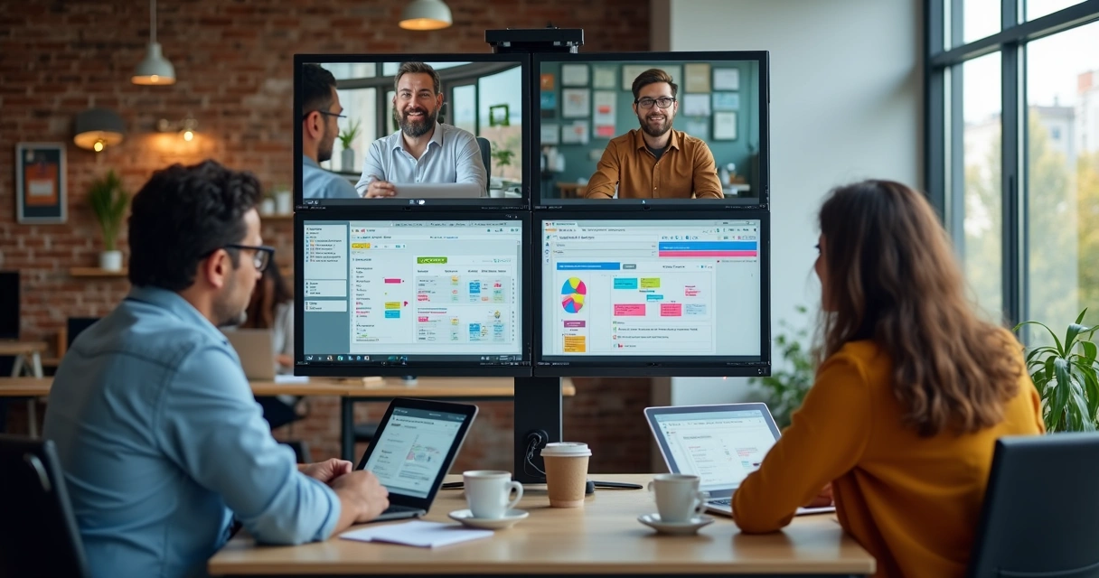 Equipe remota reunida usando ferramentas digitais