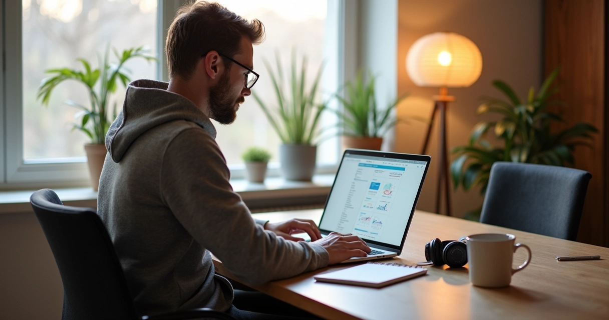 Profissional de BPO financeiro trabalhando remotamente em notebook 