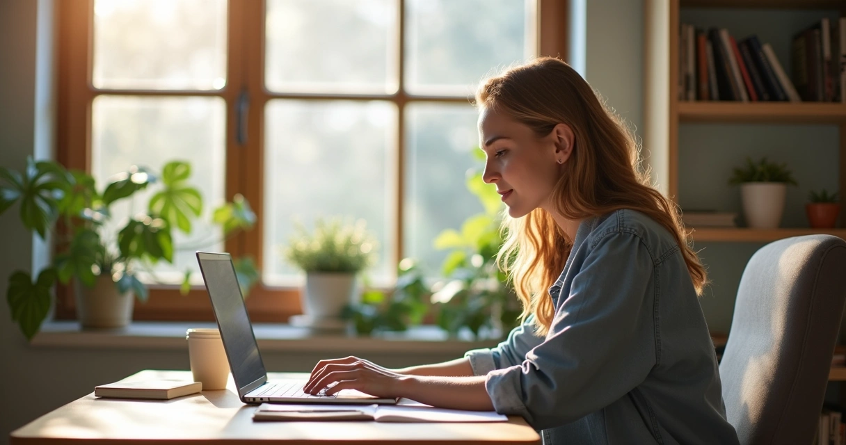 Pessoa trabalhando em casa com notebook, xícara de café ao lado, luz suave na mesa
