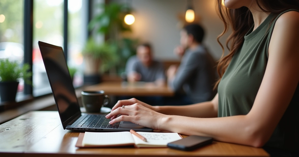 Pessoa usando computador portátil em uma mesa de café, com anotações e celular ao lado, ambiente claro e moderno 