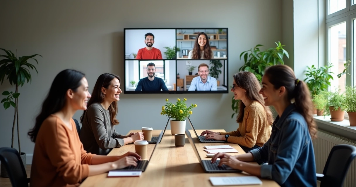 Profissionais colaborando em mesa física e em tela dividida com pessoas online