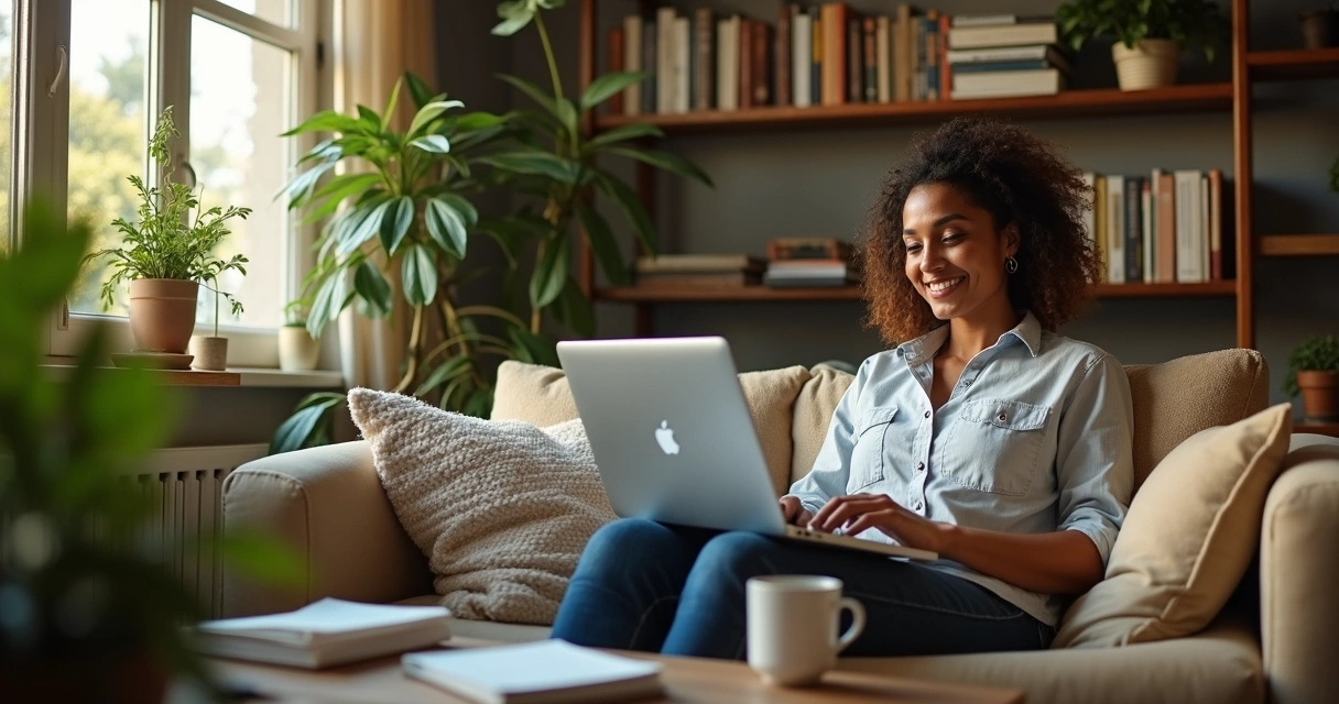Pessoa brasileira trabalhando em casa em ambiente confortável 