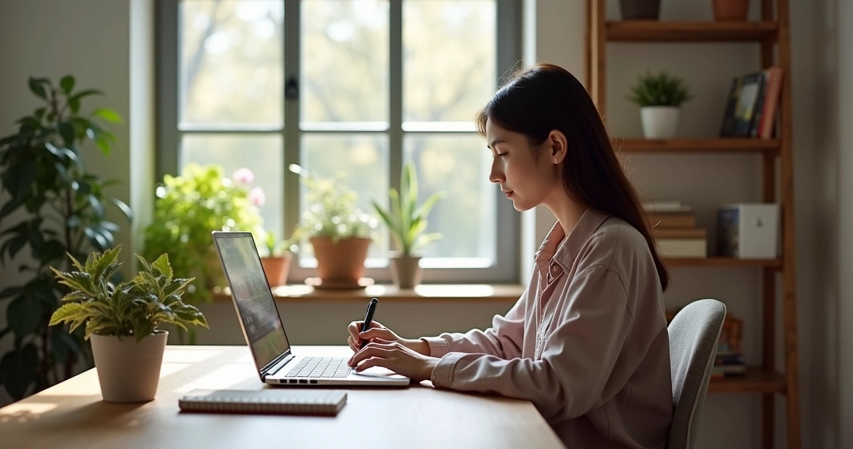 Pessoa trabalhando remotamente em casa com notebook e planta ao fundo 