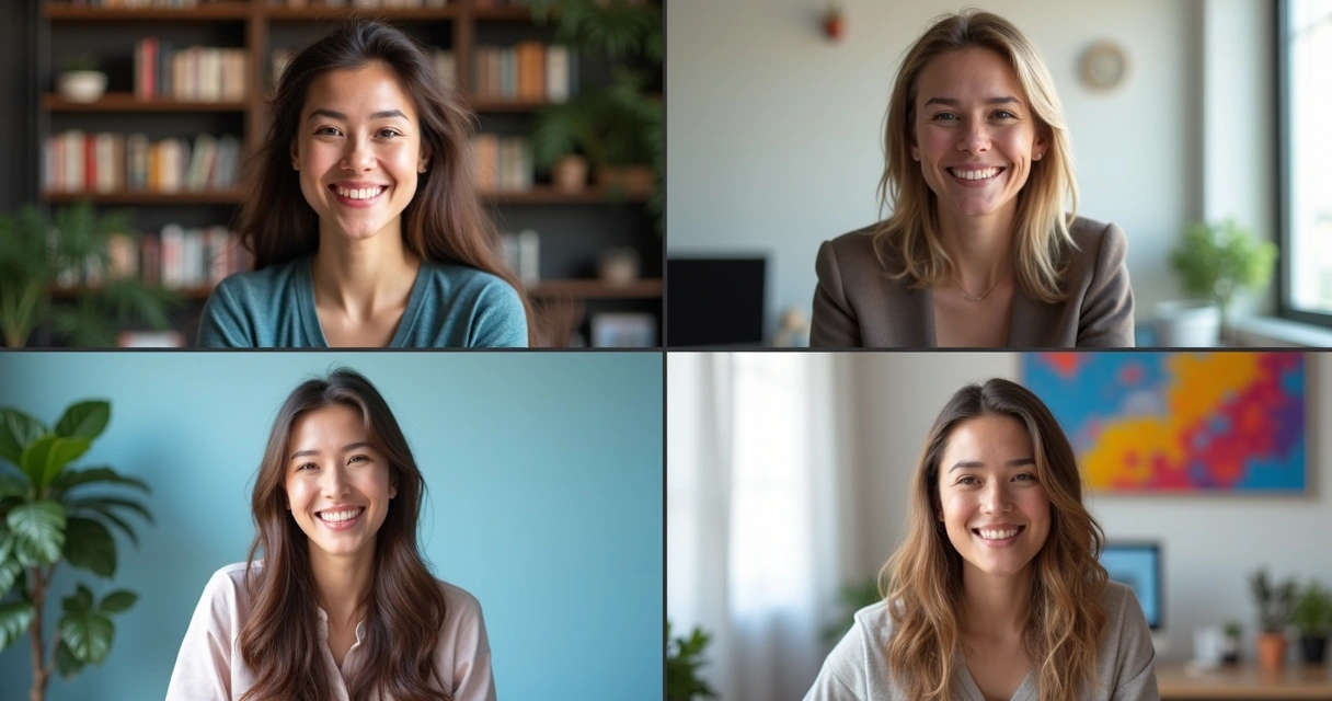Colegas de trabalho remotos sorrindo em videoconferência.