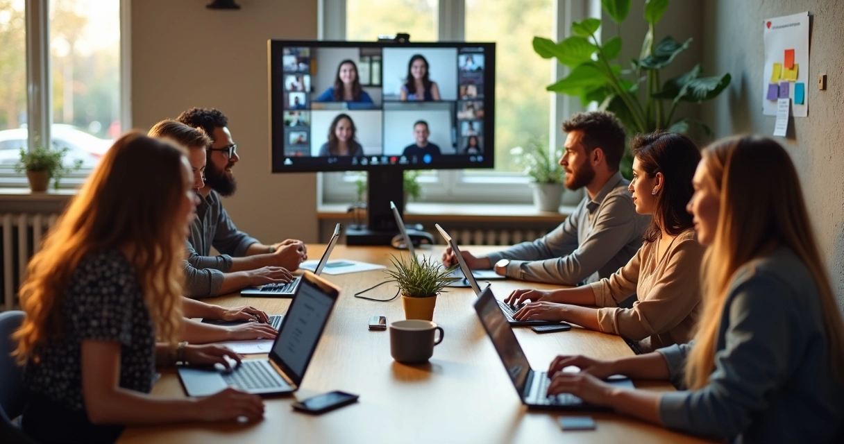 Grupo de pessoas trabalhando remotamente em diferentes locais, conectados por videoconferência 