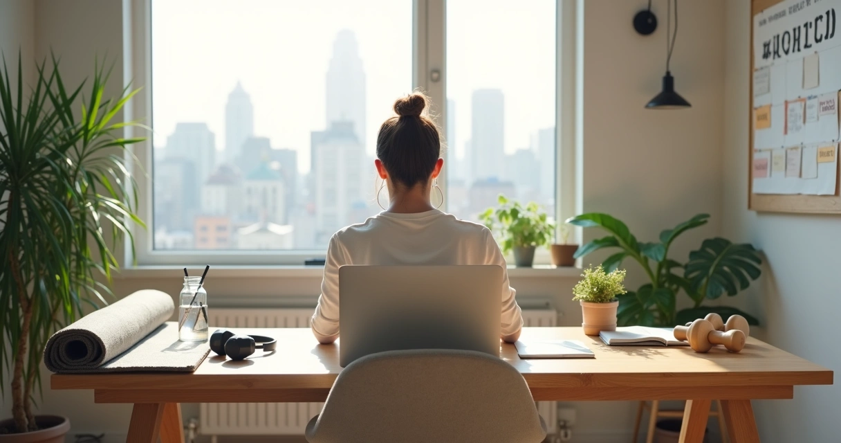 Profissional trabalhando em home office com objetos de autocuidado ao redor 