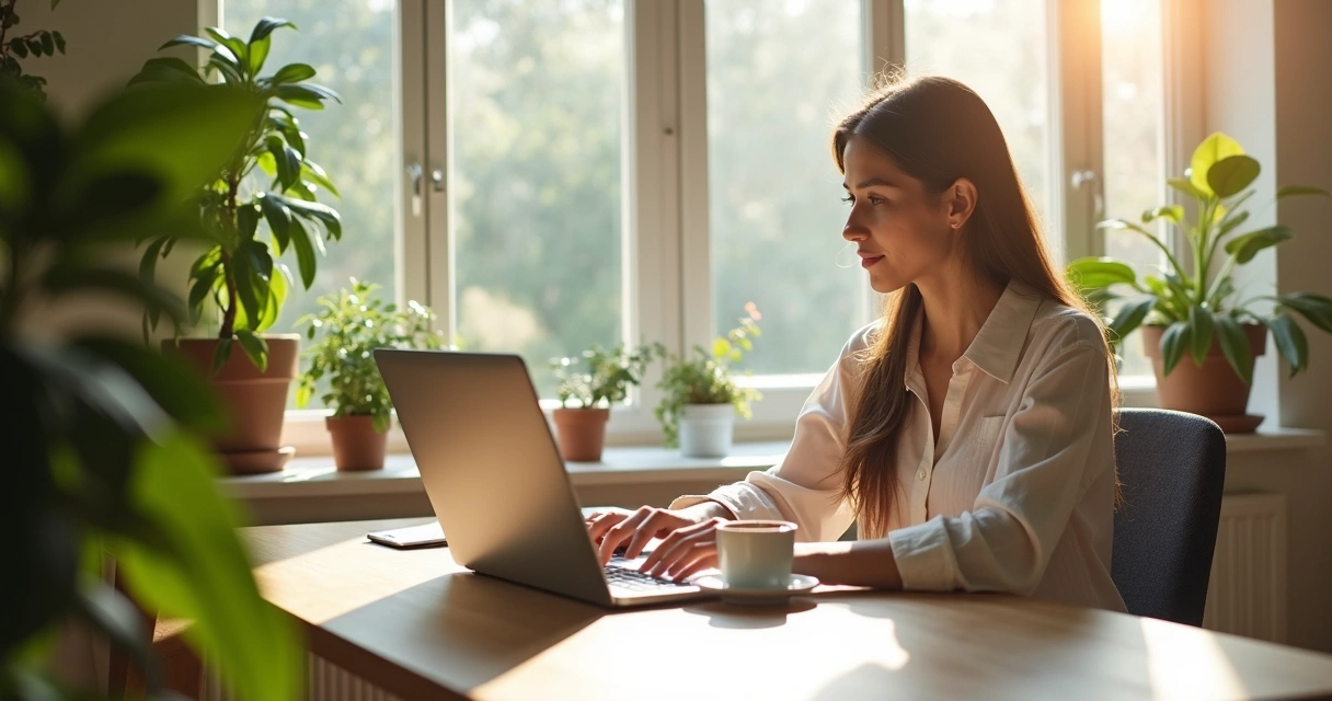 Trabalhador remoto em casa ao computador, ambiente iluminado por luz natural 