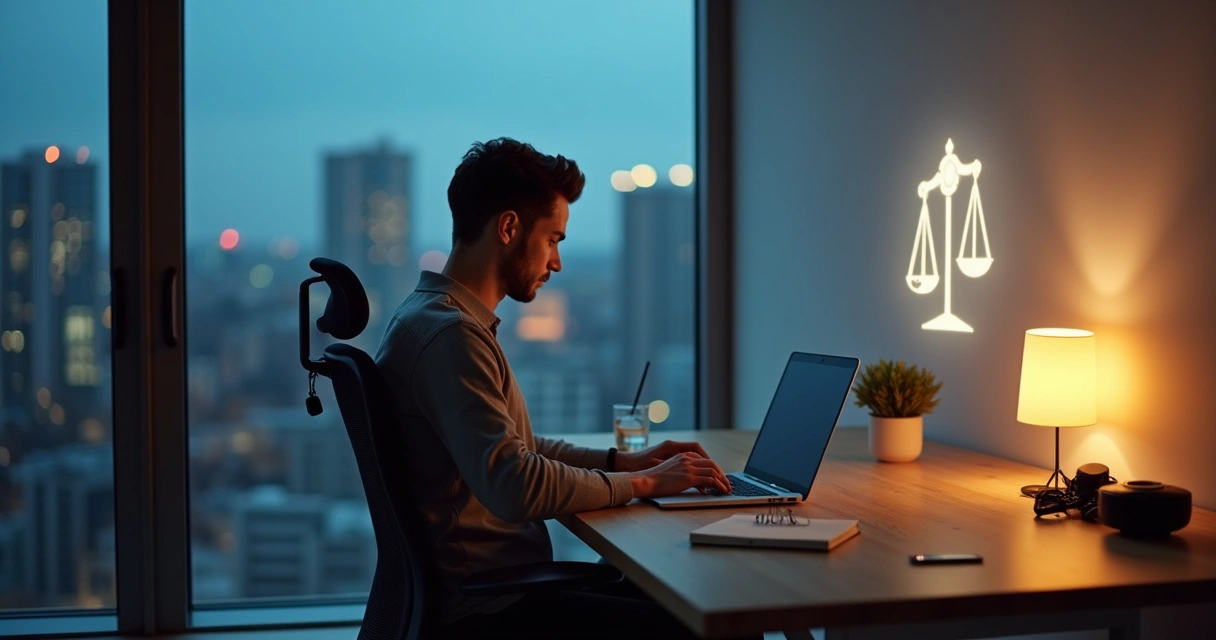 Profissional em home office noturno com símbolo tênue de balança de justiça na parede 