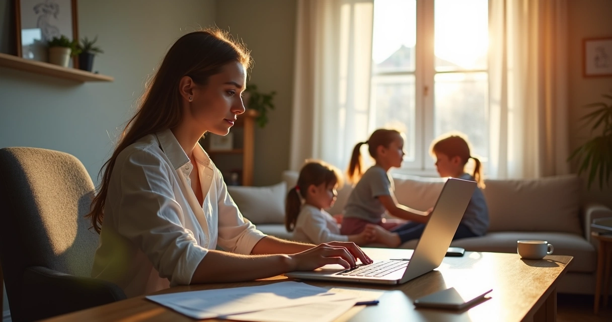 Pessoa trabalhando em casa com crianças ao fundo 