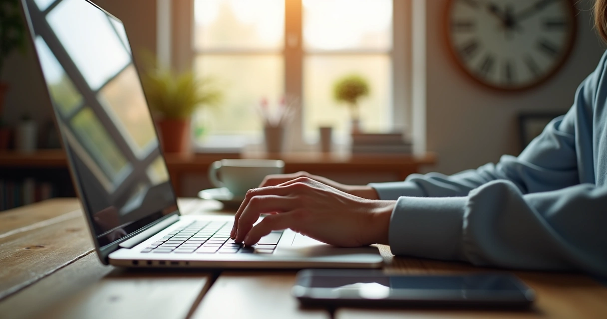 Pessoa digitando no notebook em home office com relógio ao fundo 