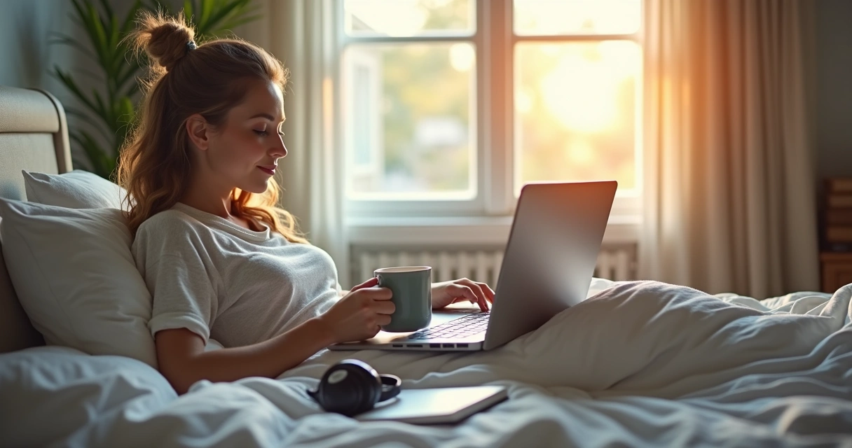 Pessoa usando laptop na cama ao lado de xícara de café 