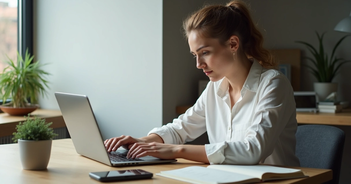 Pessoa digitando em notebook com agenda ao lado e celular desligado