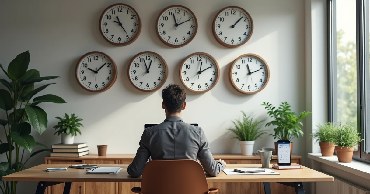 Profissional trabalhando remotamente em home office com múltiplos relógios mostrando diferentes fusos horários para os EUA 