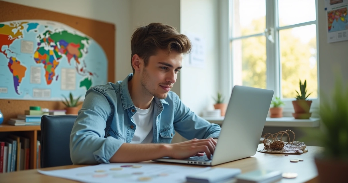 Pessoa em uma mesa com notebook, mapas e moeda estrangeira ao redor 