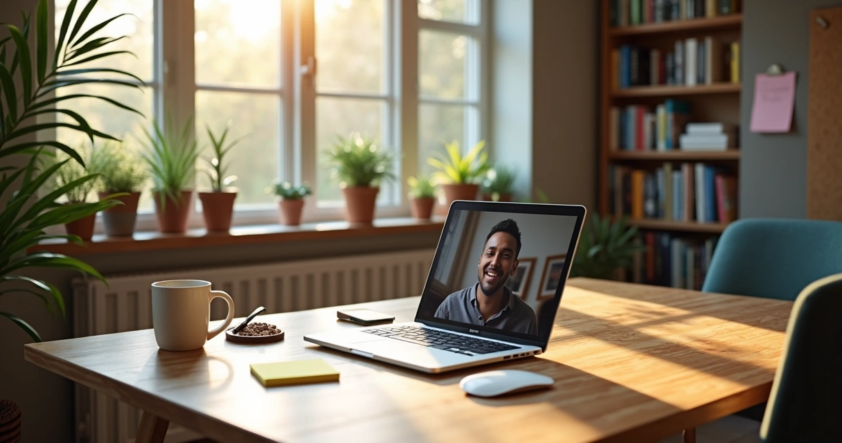 Profissional trabalhando em home office com notebook e xícara de café na mesa