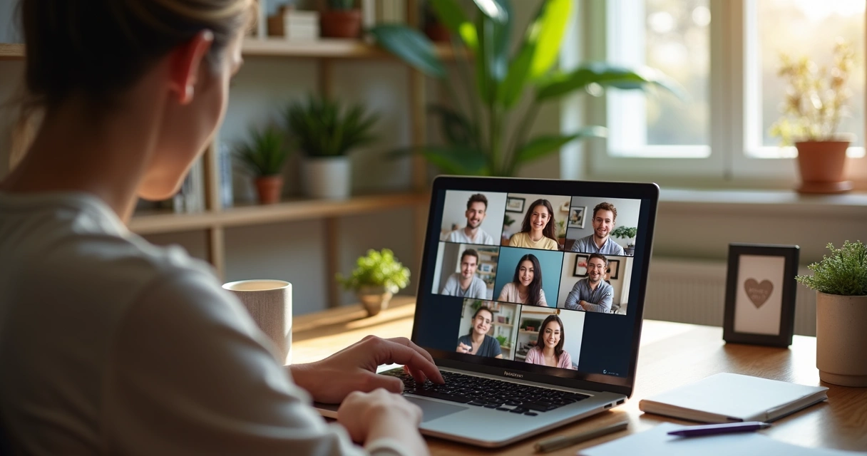 Equipe remota em videoconferência com clima acolhedor e colaborativo 