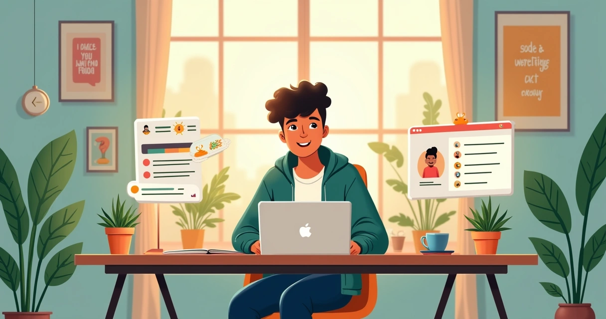 Cena de um escritório em casa com uma pessoa trabalhando em um laptop rodeada de elementos digitais.