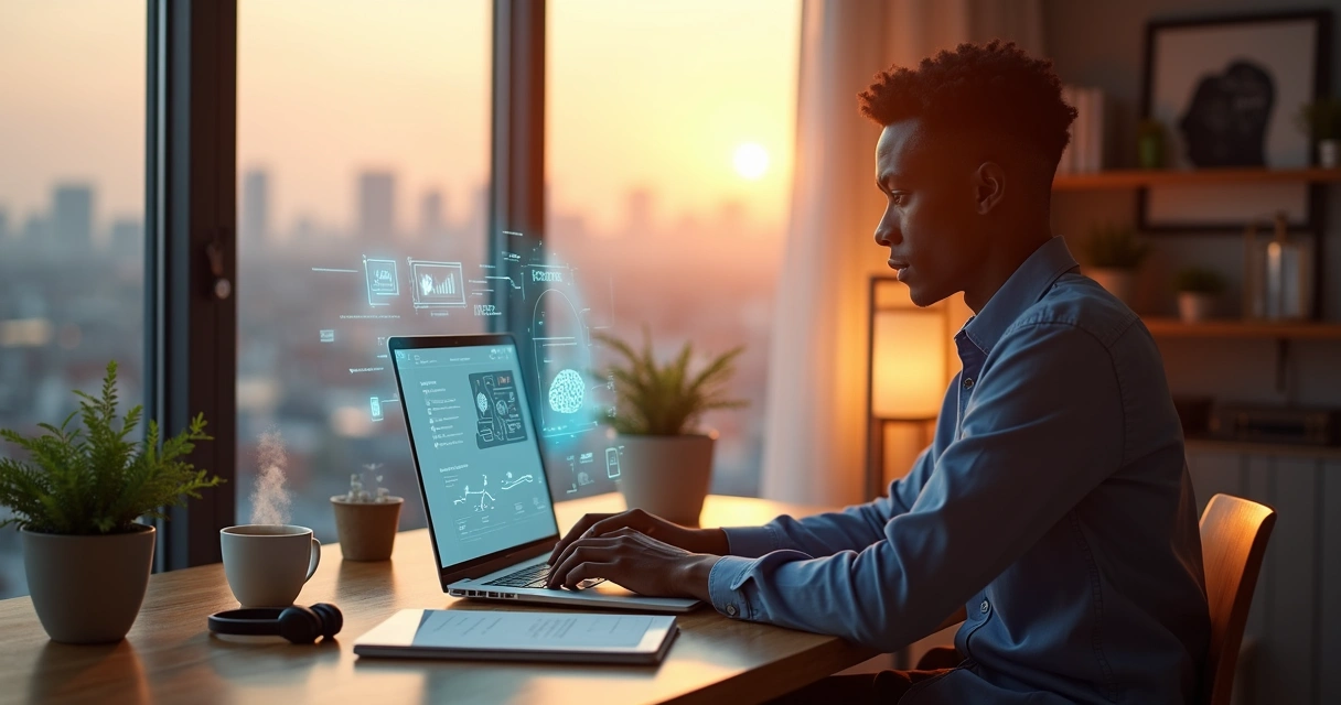 Profissional em home office usa notebook cercado por símbolos de tecnologia e bem-estar mental 