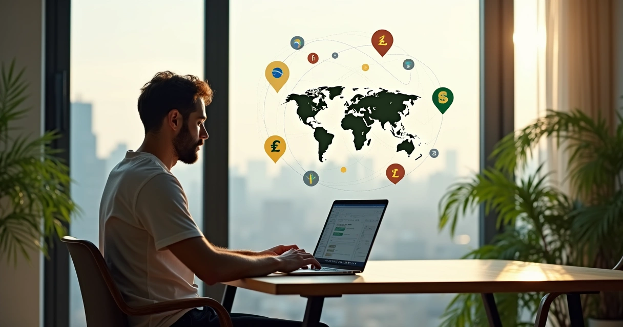 Pessoa trabalhando em notebook com símbolos de localização global 