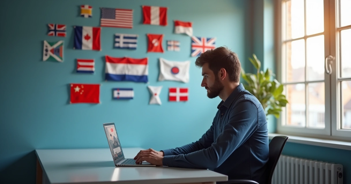 Pessoa em um notebook com bandeiras de vários países ao fundo 