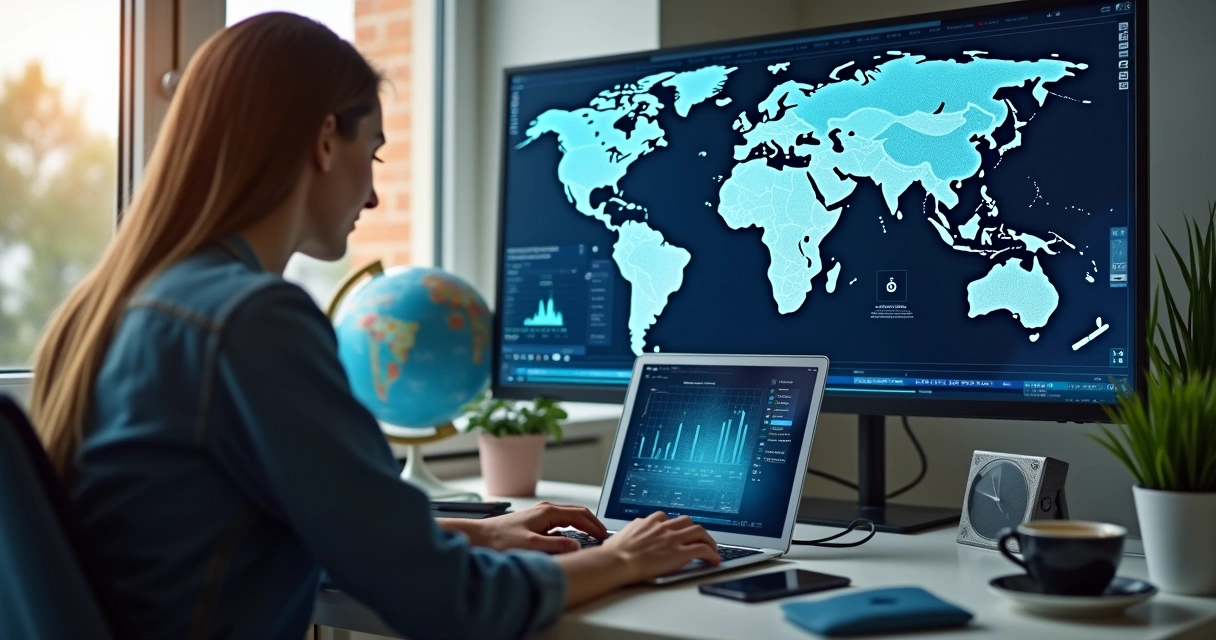 Pessoa trabalhando remotamente em notebook com mapas mundiais e gráficos ao fundo 