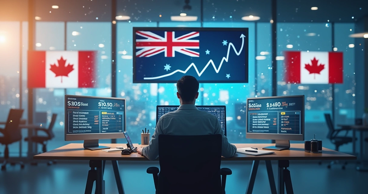 Pessoa trabalhando em escritório moderno com bandeiras de vários países ao fundo 