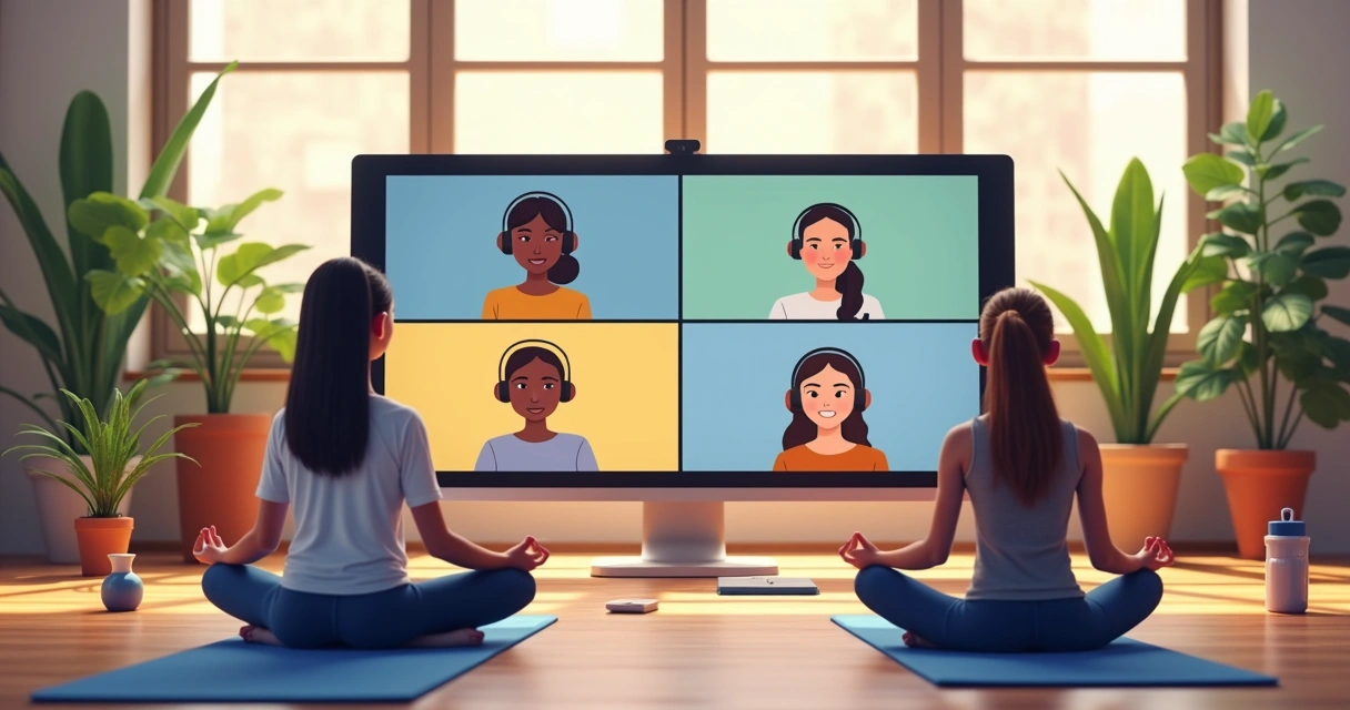 Equipe híbrida reunida virtualmente na tela do computador, alguns em casa, outros no escritório, praticando meditação guiada.