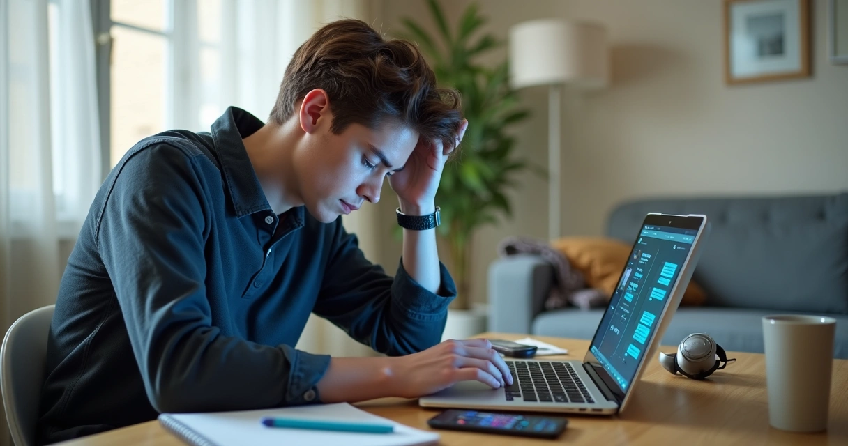 Profissional em home office distraído olhando para várias notificações na tela do notebook 