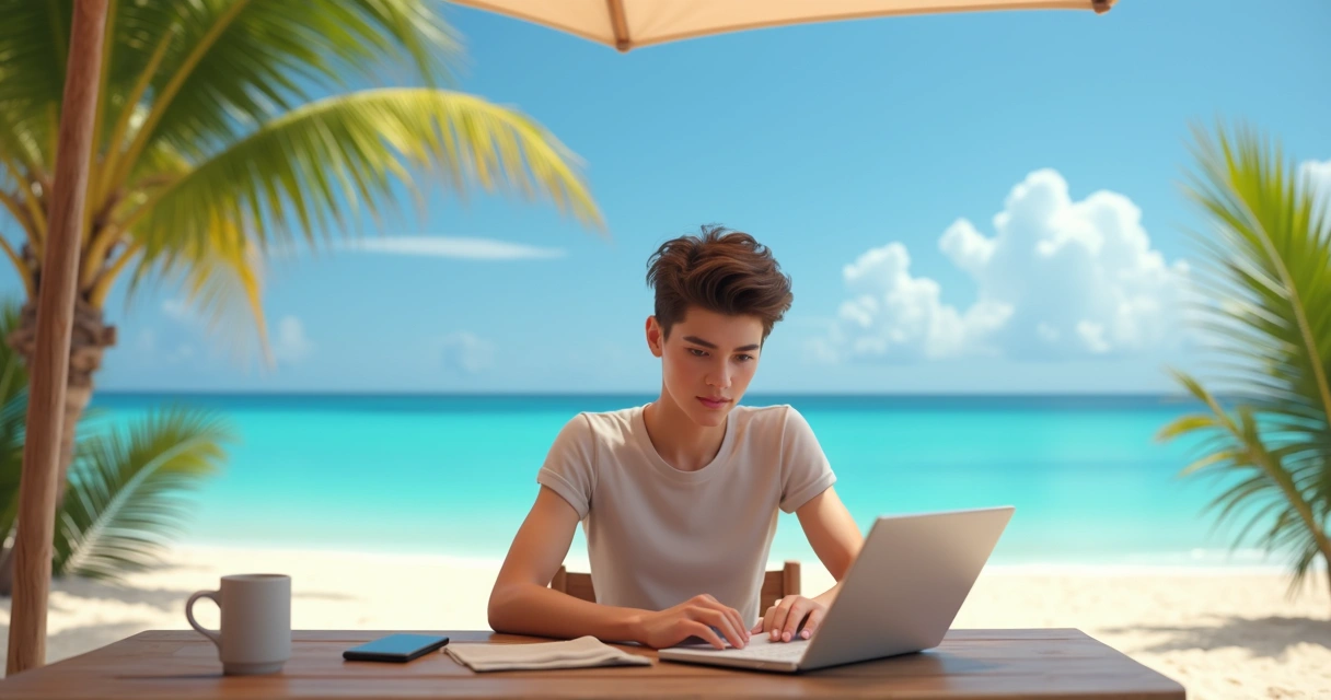 Profissional trabalhando em notebook na praia com mar ao fundo