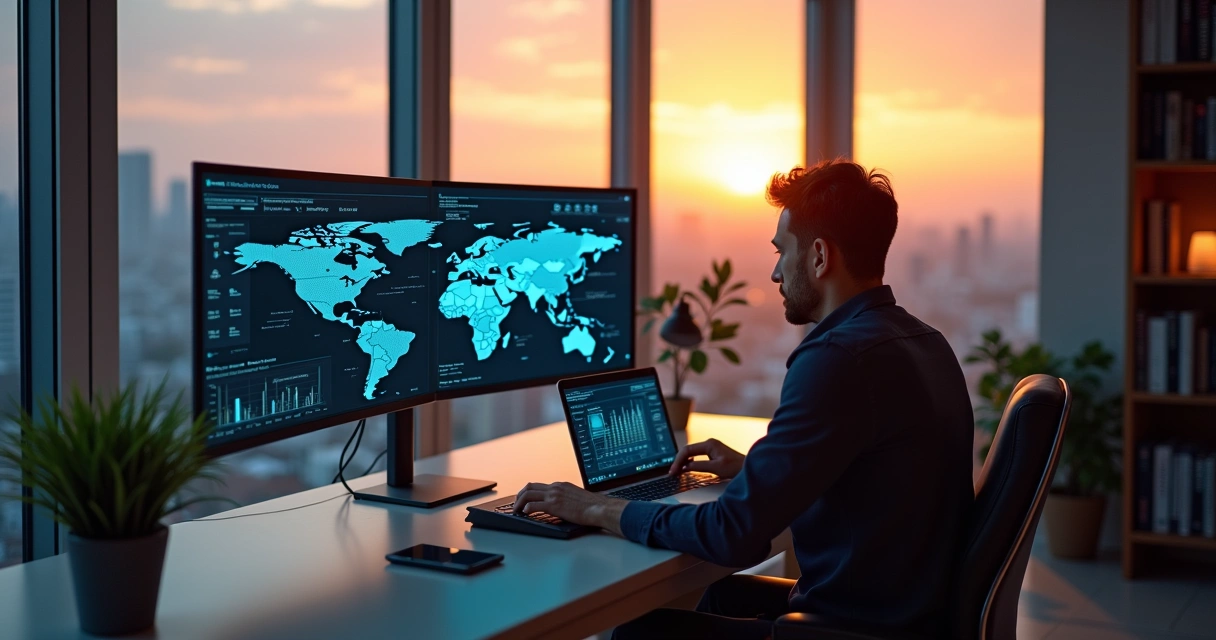 Profissional trabalhando remotamente em um ambiente moderno com múltiplas telas de computador mostrando dados e gráficos 