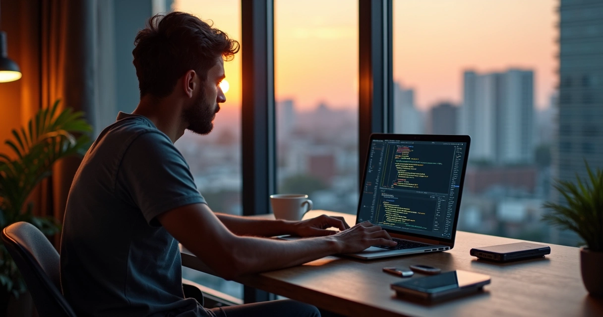 Profissional de TI trabalhando remotamente em um notebook moderno, café ao lado, ambiente iluminado e com detalhes de telas mostrando códigos e gráficos