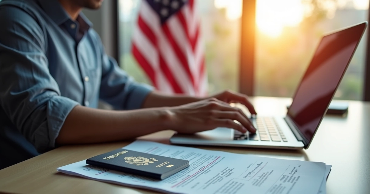Pessoa trabalhando remotamente em notebook com bandeira dos EUA ao fundo e documentos de visto 