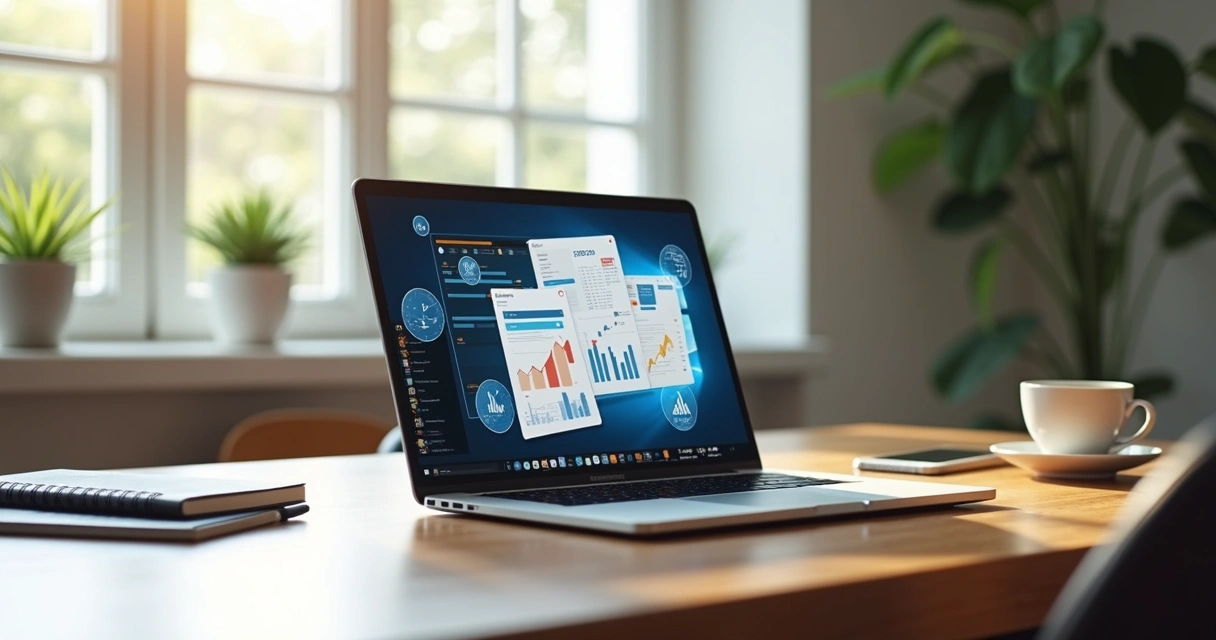 Computador moderno aberto mostrando documentos digitais sobre vistos e tributação para trabalho remoto, com gráficos e símbolos financeiros ao redor, em ambiente de home office organizado com plantas e luz natural 