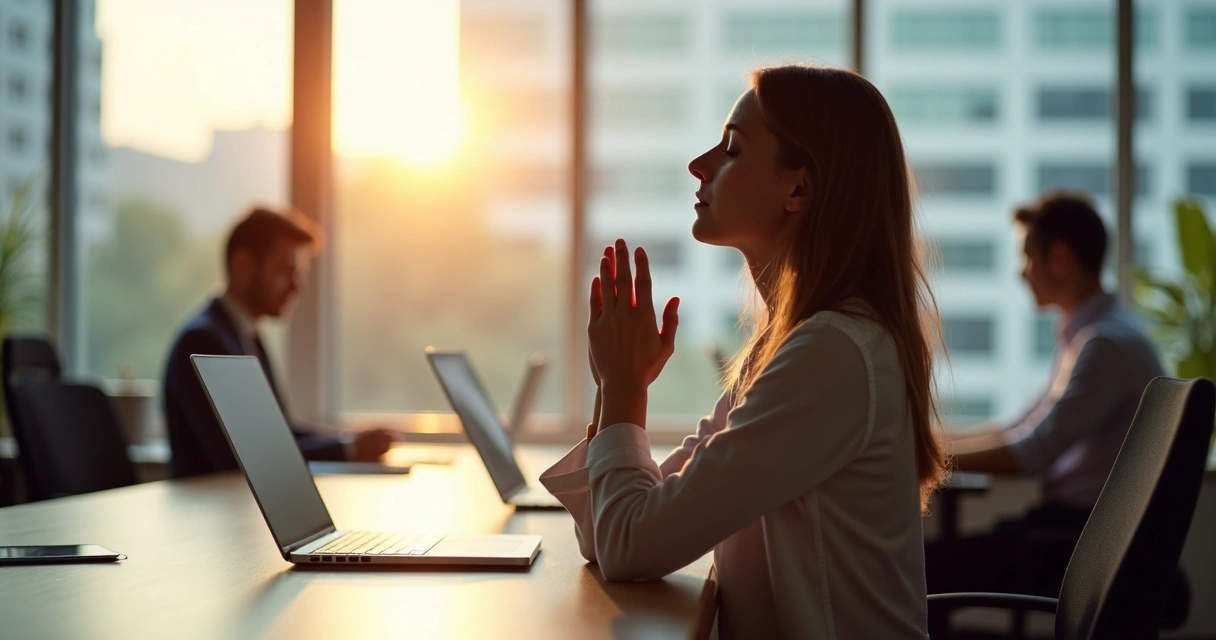 Pessoa fazendo pausa respiratória rápida no escritório 