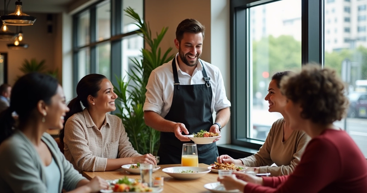 Garçom servindo mesa em restaurante de Brisbane, clientes sorrindo 