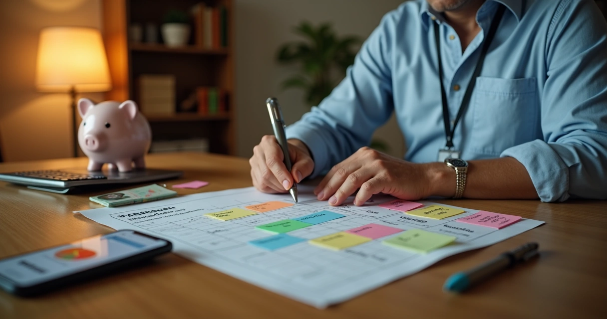 Trabalhador brasileiro segurando holerite e organizando orçamento mensal 