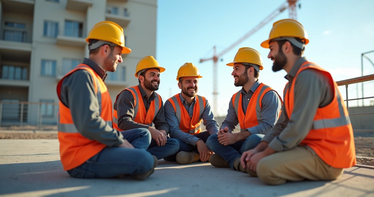 Trabalhadores sorrindo em ambiente seguro de obra