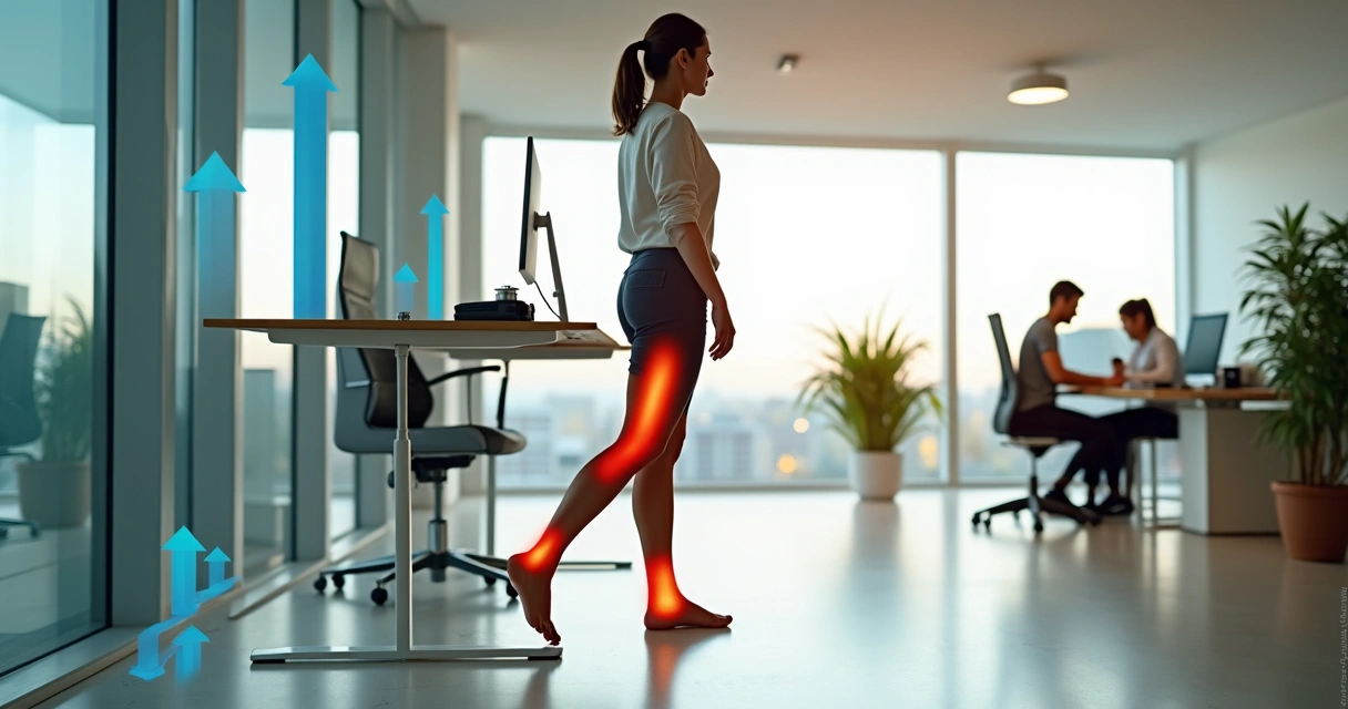 Funcionária de escritório alternando entre ficar sentada e em pé enquanto movimenta as pernas 
