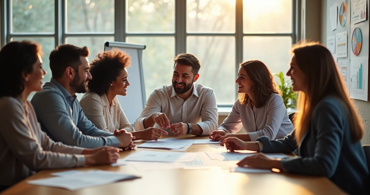 Reunião de equipe representando alinhamento de propósito e impacto coletivo.