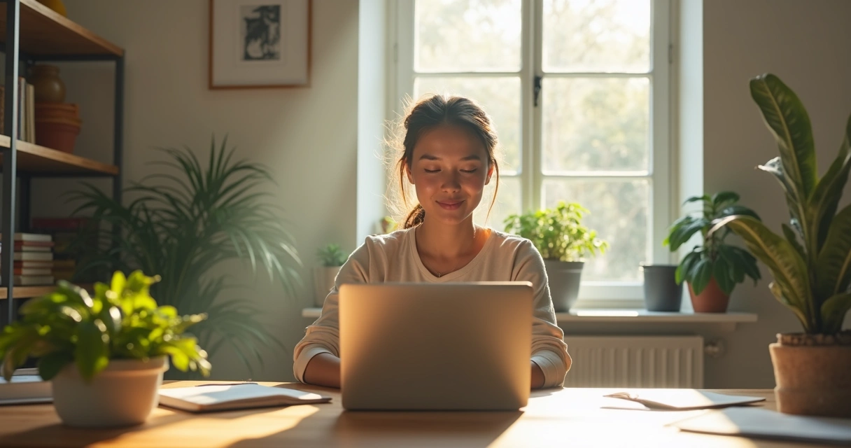 Pessoa trabalhando em escritório com expressão serena 
