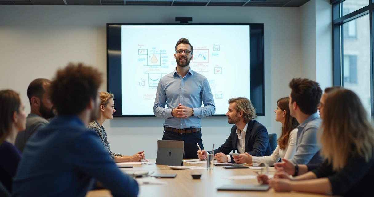 Profissional apresentando solução para equipe em reunião, promovendo superação coletiva de um desafio 