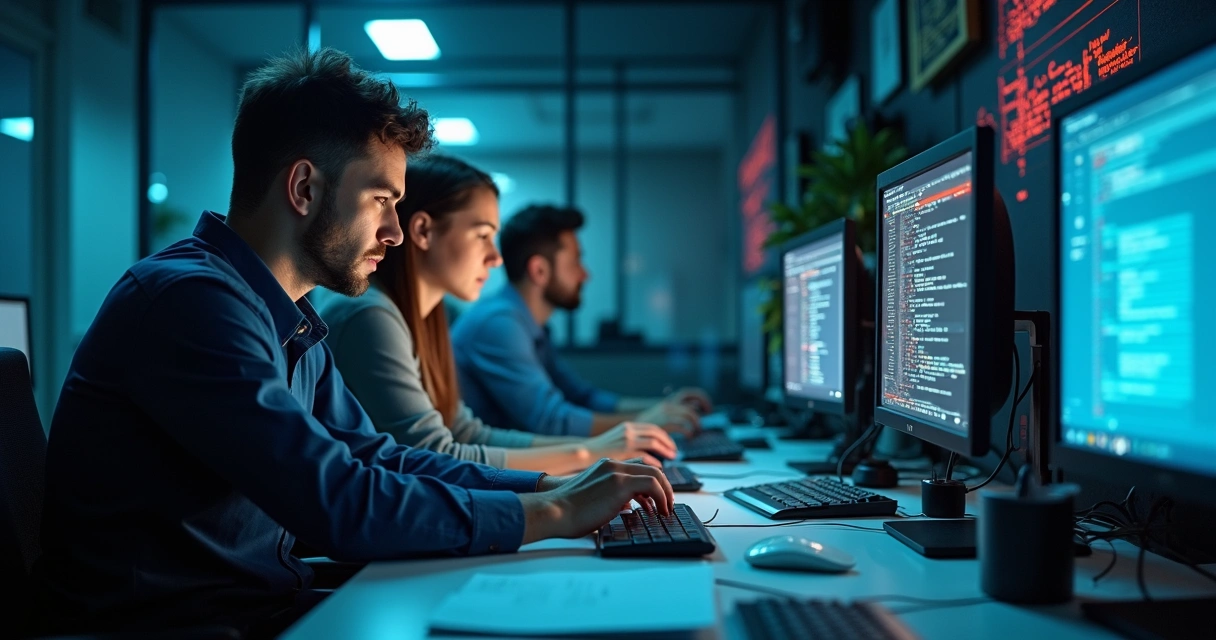 Equipe de TI preocupada em frente a computadores com tela de erro