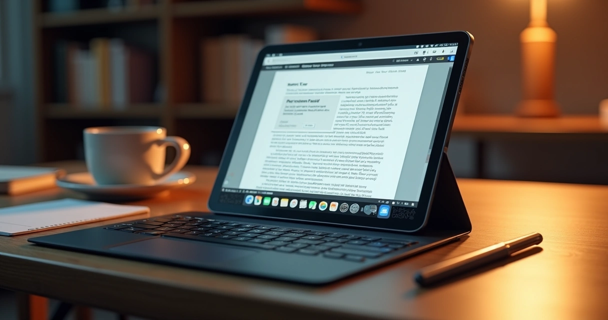 Tablet conectado a teclado sobre mesa de trabalho 