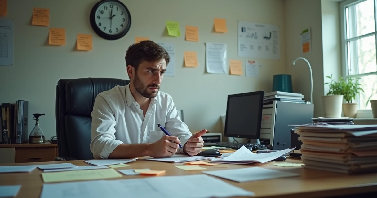 Pessoa adulta trabalhando em escritório, rodeada de papéis desorganizados, olhando para o relógio preocupada. 