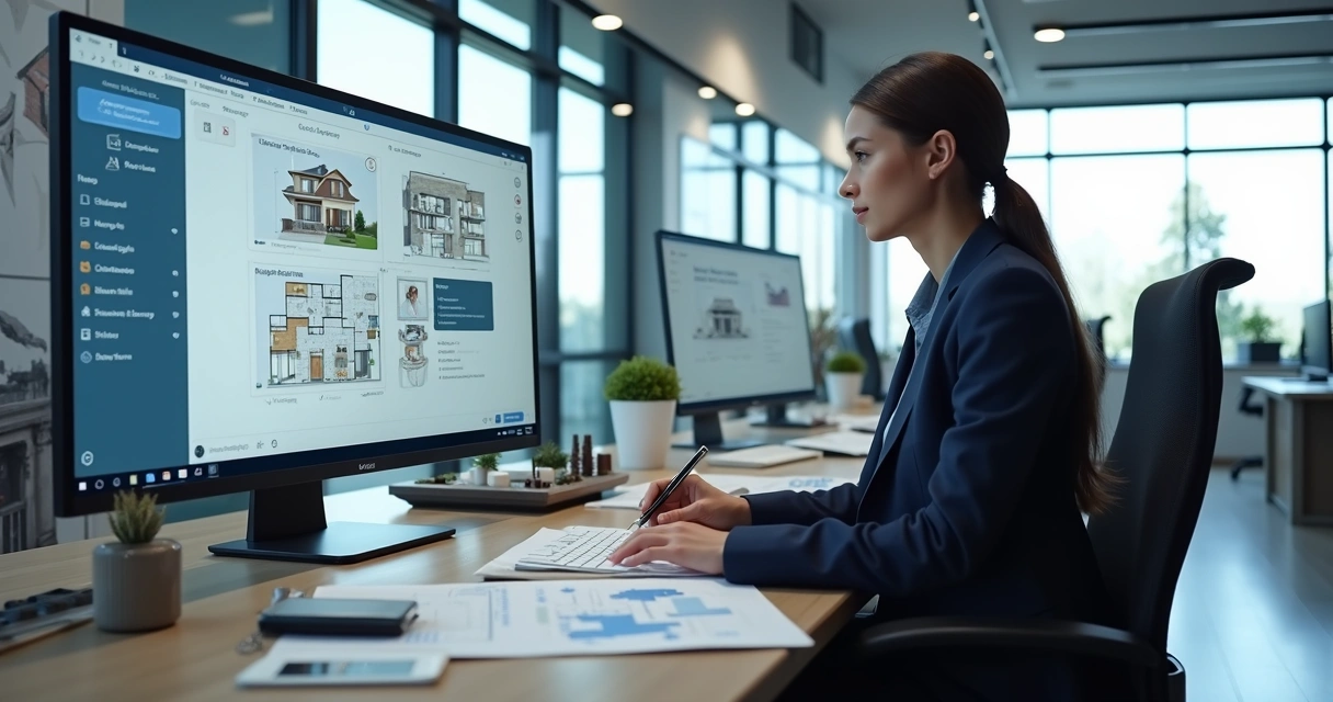 Corretor usando software imobiliário em tela grande e papeis ao redor 