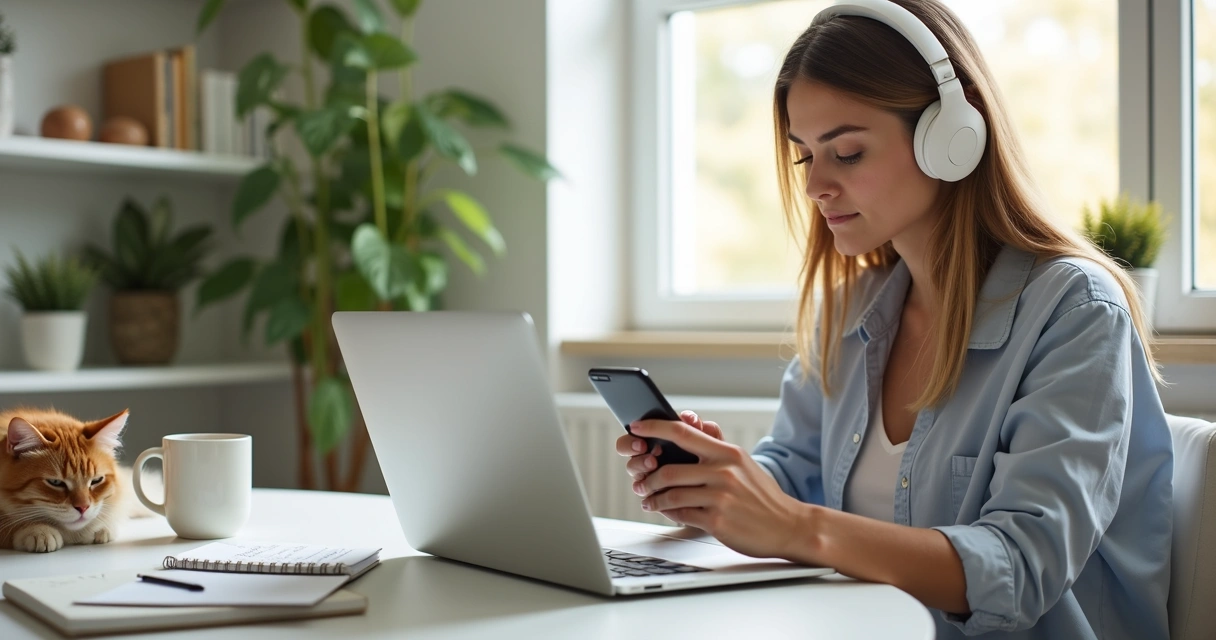 Profissional trabalhando em casa, organizando tarefas de forma mindful com tecnologia. 