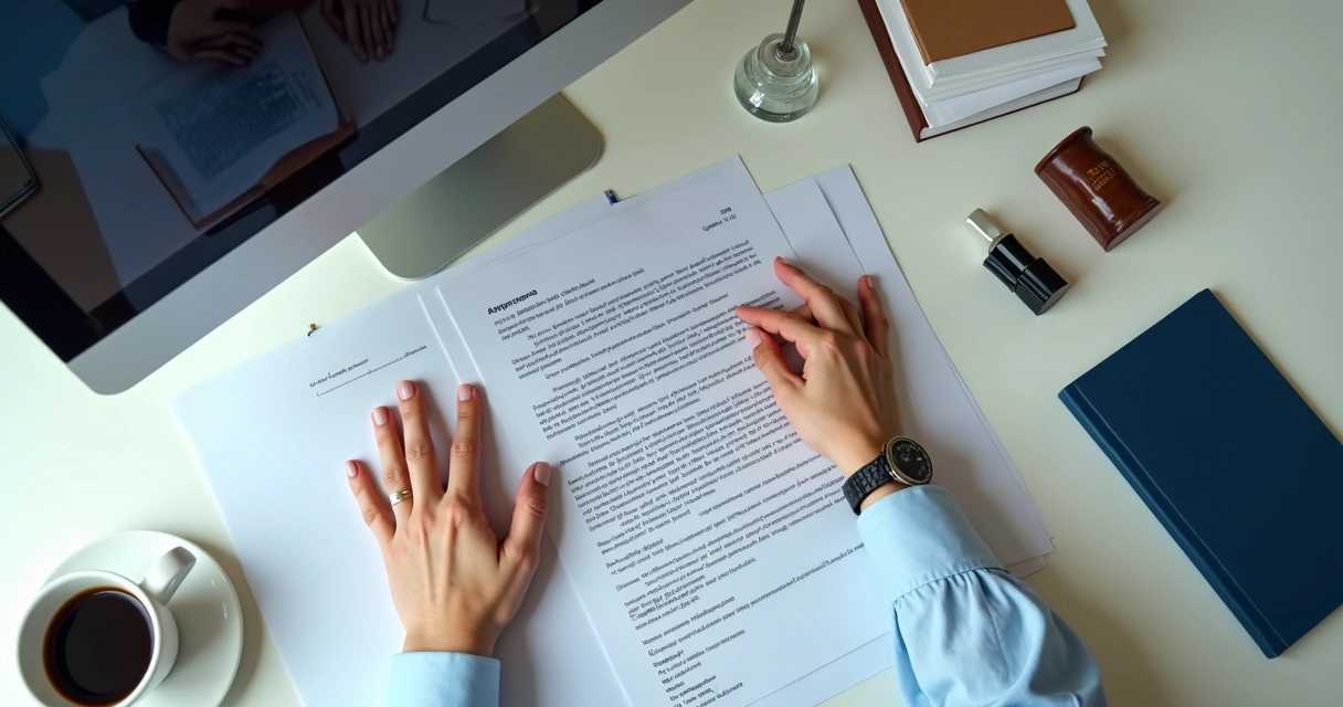 Mesa de escritório com tradutor trabalhando em computador entre documentos oficiais. 